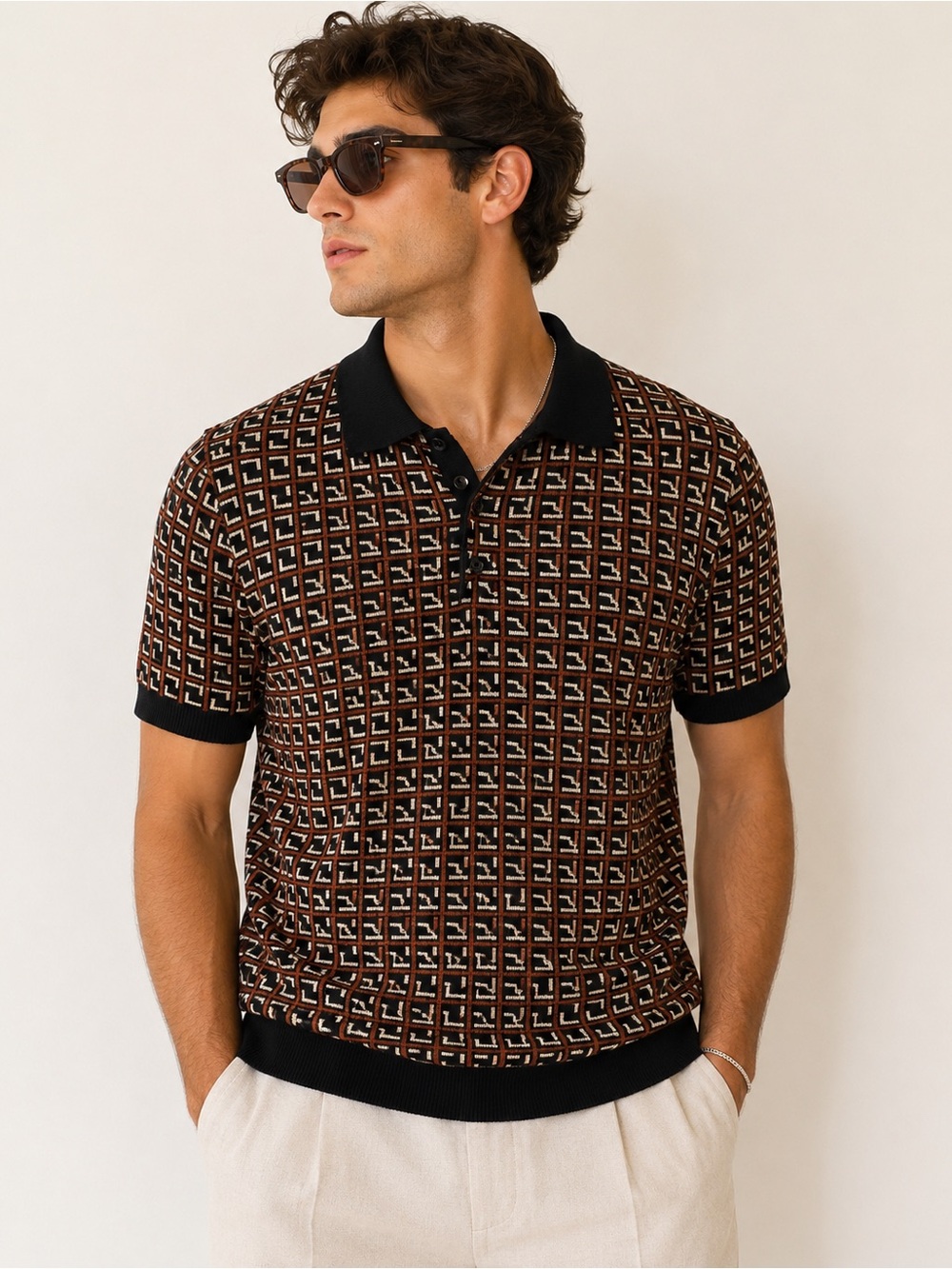 Express Men’s XL Geometric 100% Cotton Knit Polo Shirt Retro Brown Black